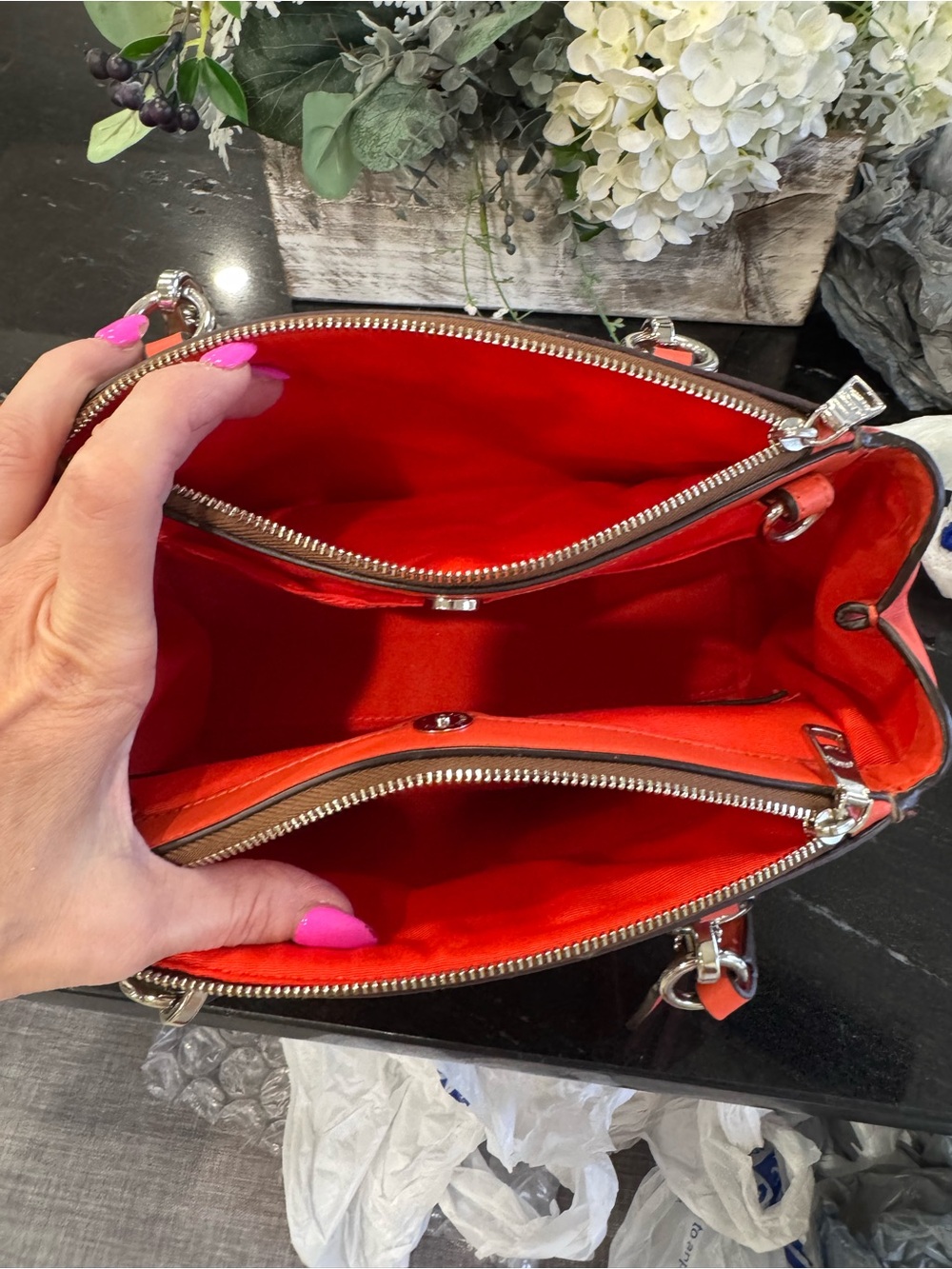 🤎COACH Mini Christie Carryall Signature Coated Canvas Khaki Coral Orange - Picture 10 of 16